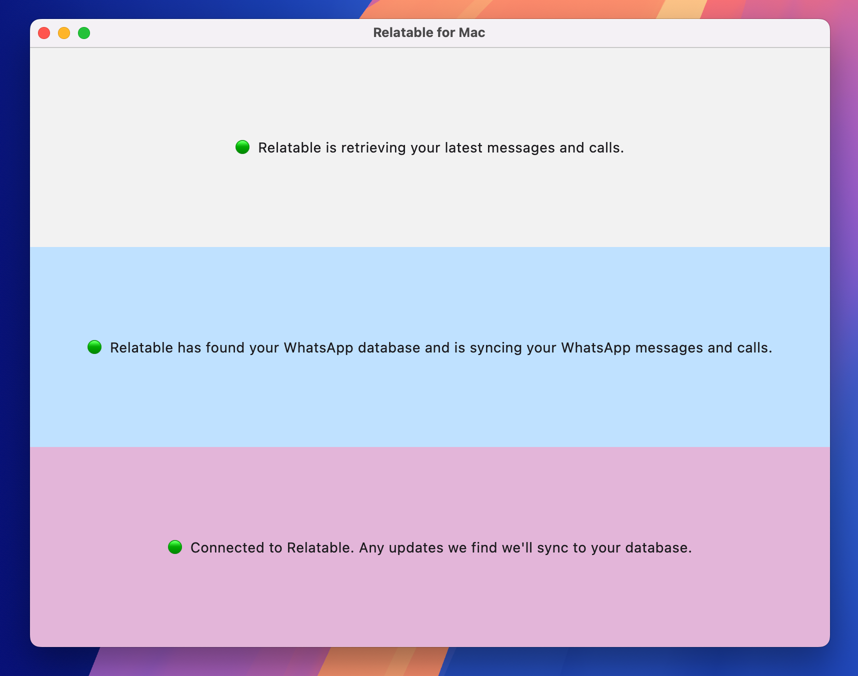 Relatable for Mac desktop app syncing messages and phone calls into your Relatable database