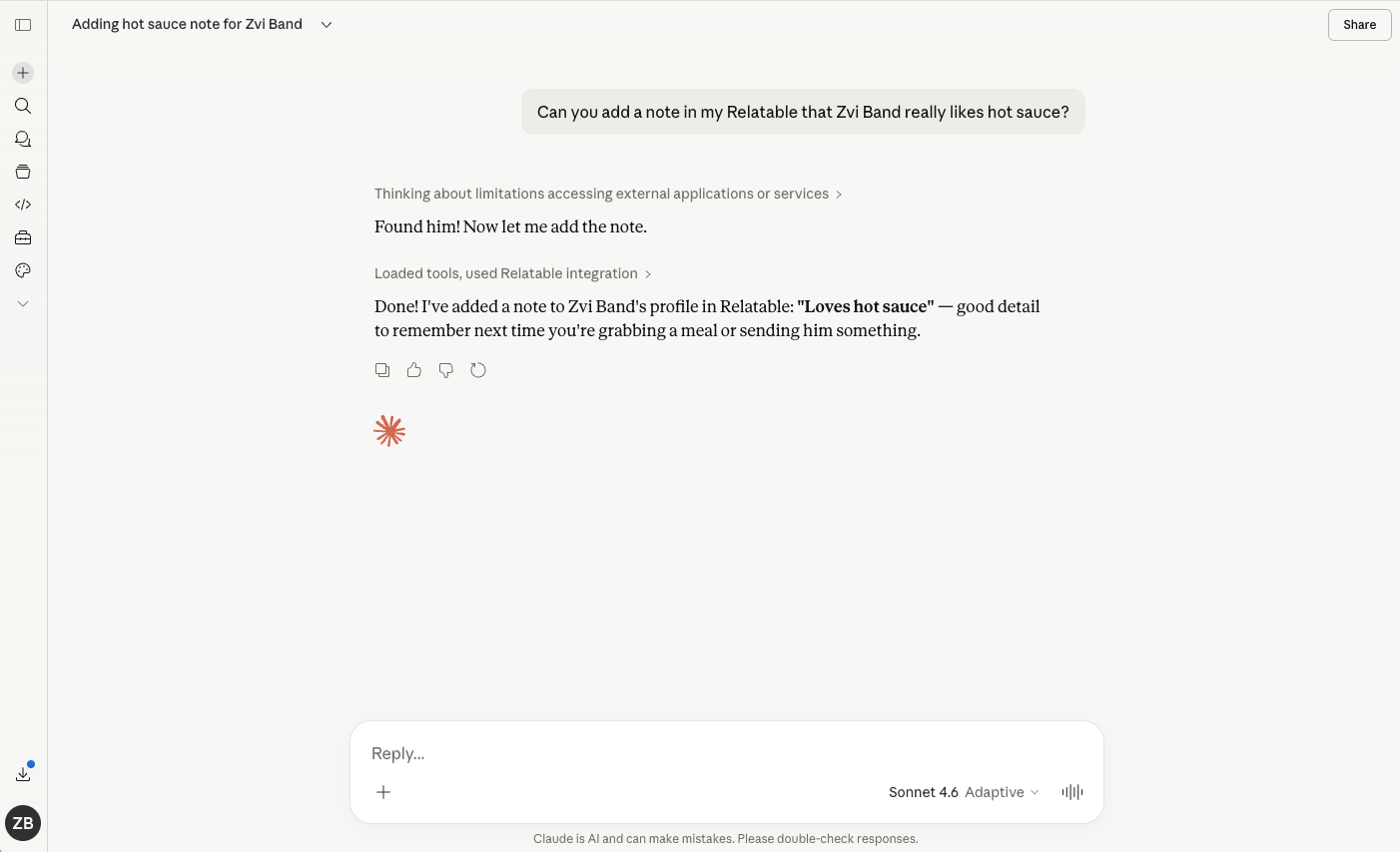 Claude using the Relatable MCP integration to add a note to a contact's profile