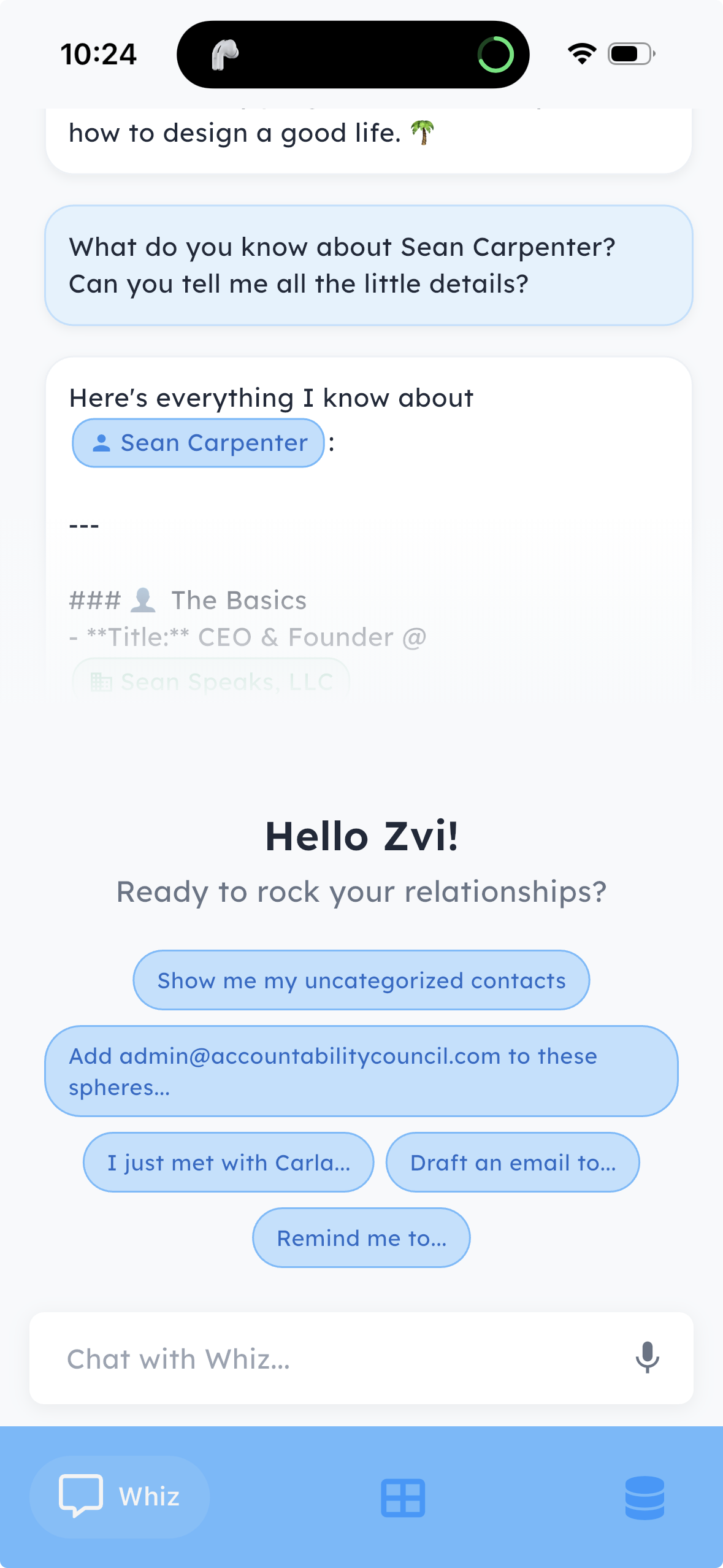 Relatable iOS app showing Whiz on the home screen with 'Hello Zvi! Ready to rock your relationships?' suggested prompts and an active chat about Sean Carpenter