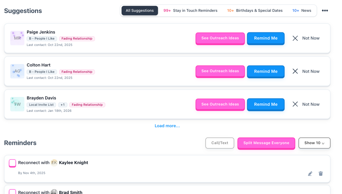 Relatable suggestions view with fading-relationship contacts, See Outreach Ideas and Remind Me actions, and a reminders list below