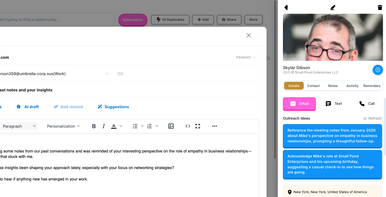 Contact profile for Skylar Gibson showing two AI-generated outreach ideas — one referencing past meeting notes on empathy, one acknowledging his role and upcoming birthday