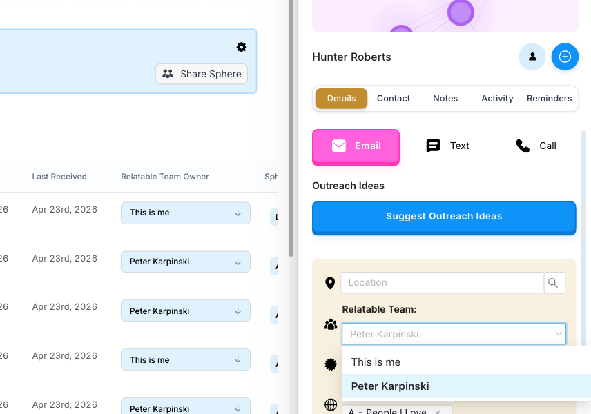 Relatable database with a Relatable Team Owner column and a contact profile showing a Team dropdown for assigning ownership between team members