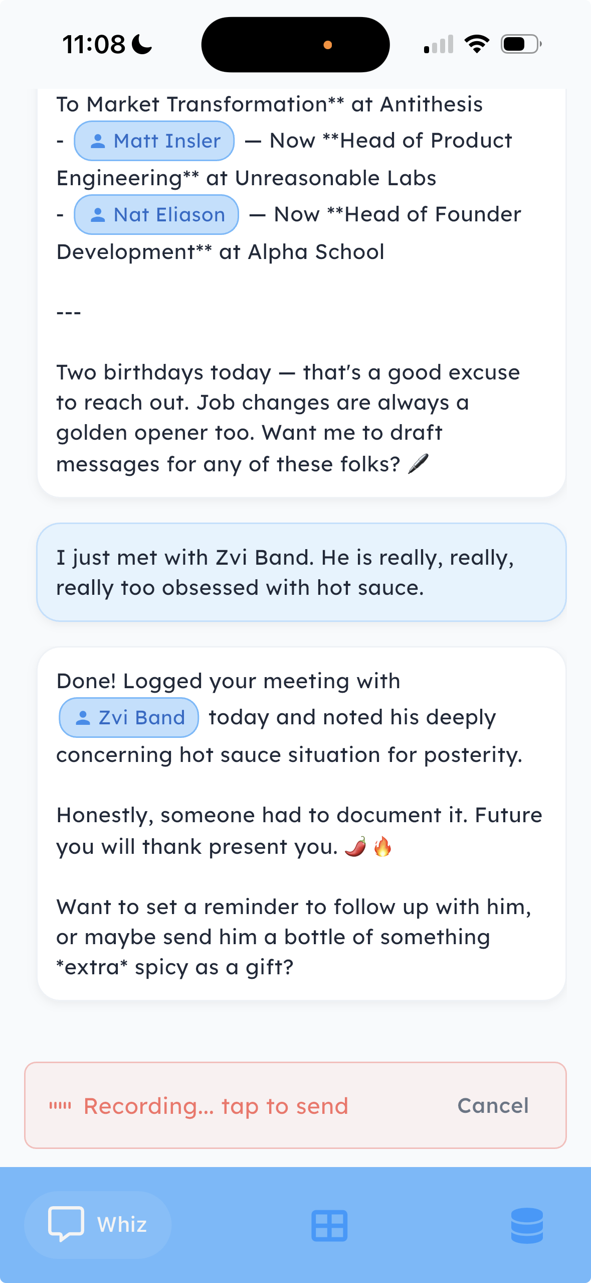 Whiz voice capture on iPhone — recording a meeting debrief and logging the contact and follow-up