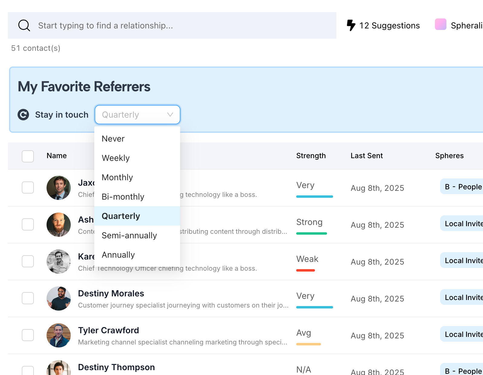 Relatable spheres system interface showing contact organization and relationship prioritization with color-coded categories