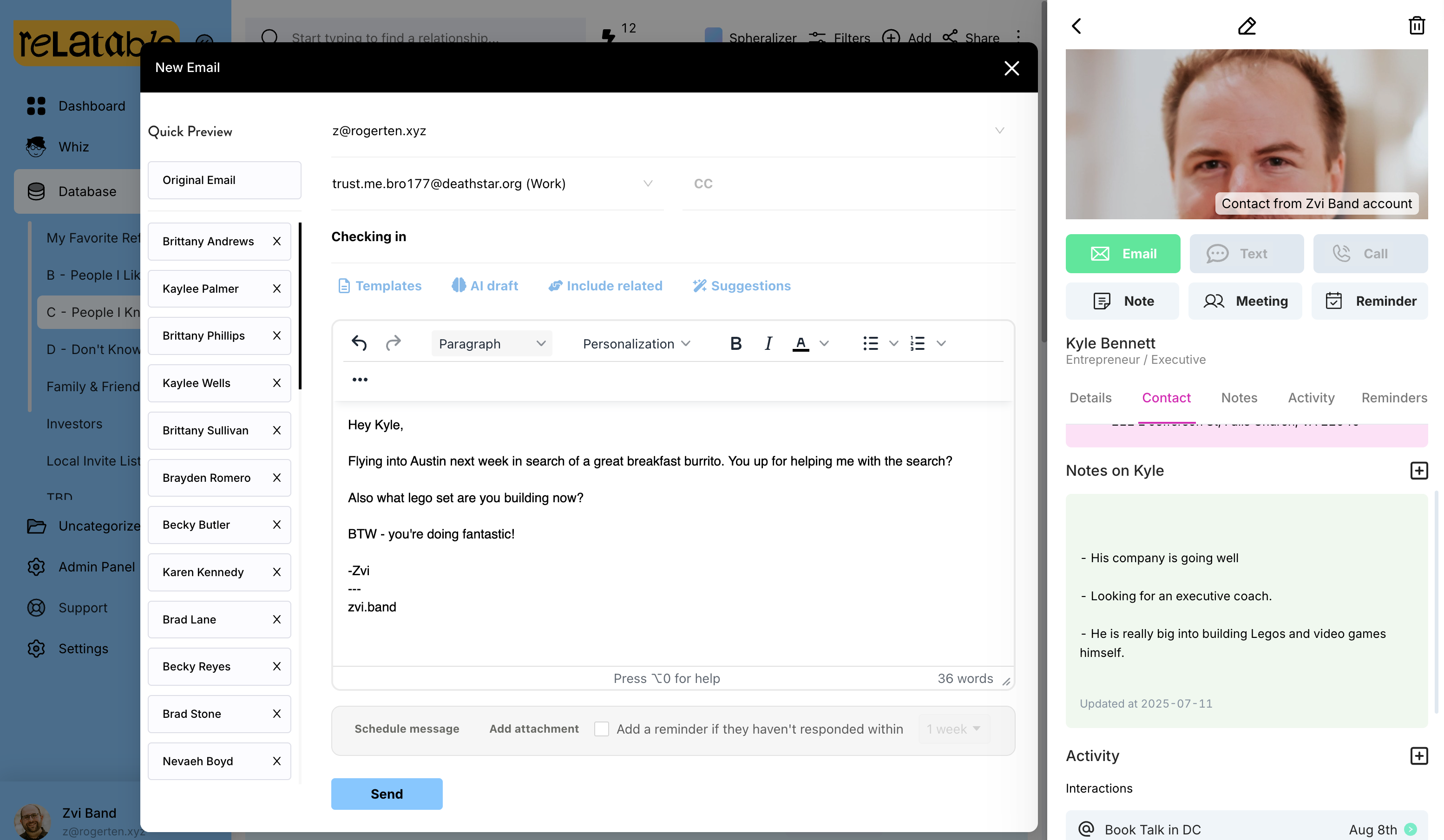 Relatable split messaging interface showing personalized email composition with multiple recipients and individual message customization